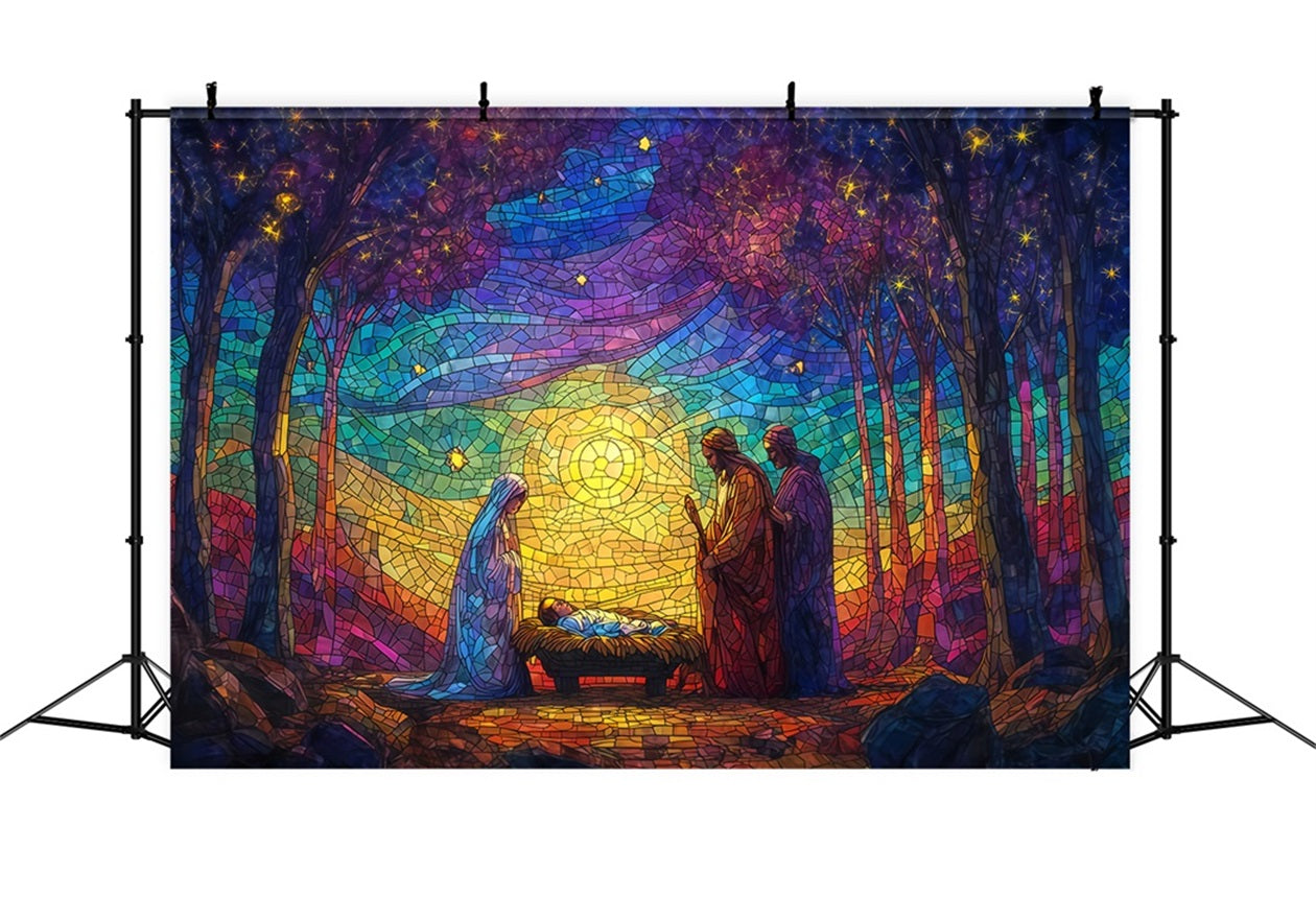 Nativity Backdrop Stained Glass Nativity Glow Christmas Backdrops Sale TWW510-60