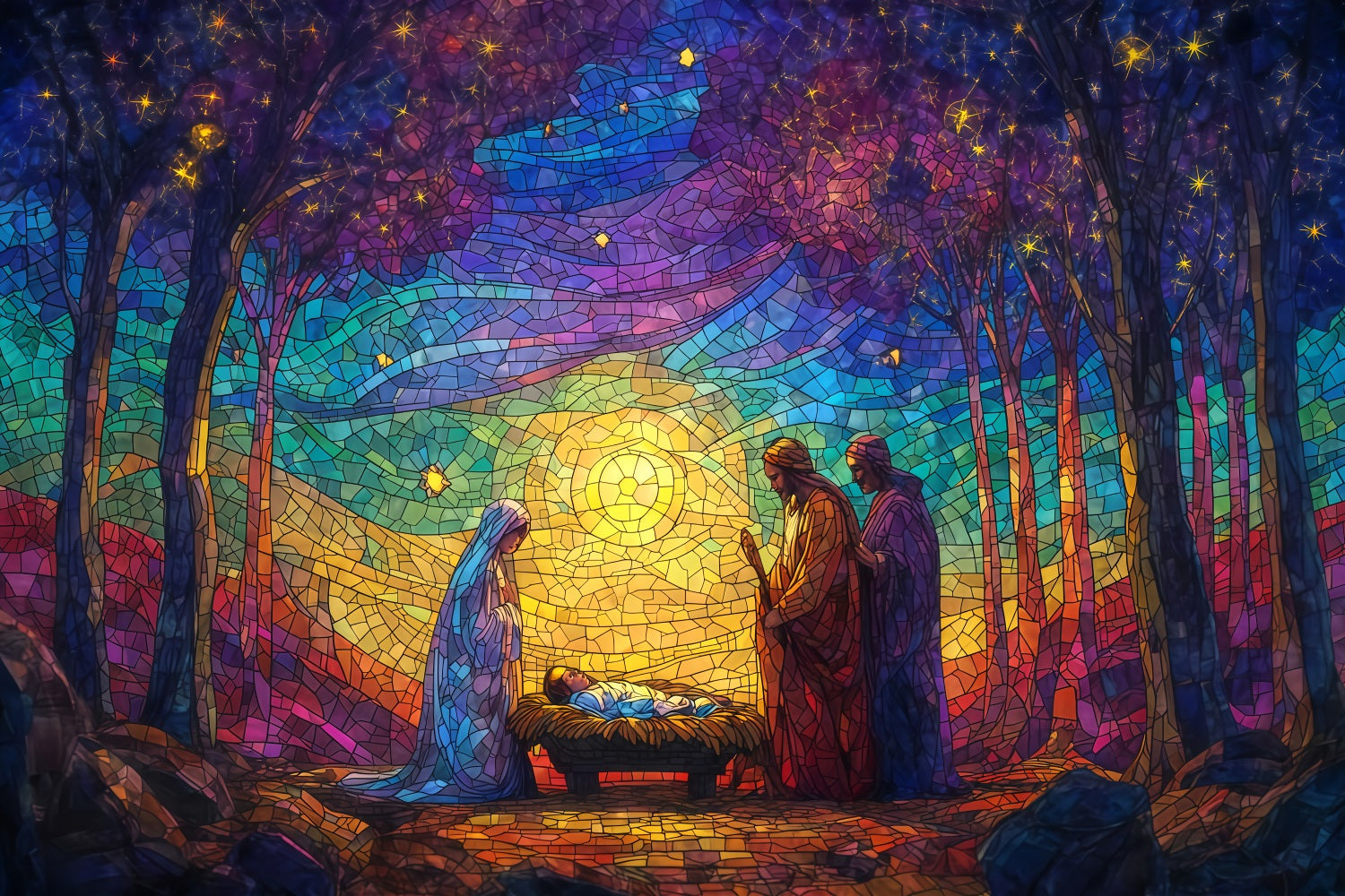 Nativity Backdrop Stained Glass Nativity Glow Christmas Backdrops Sale TWW510-60
