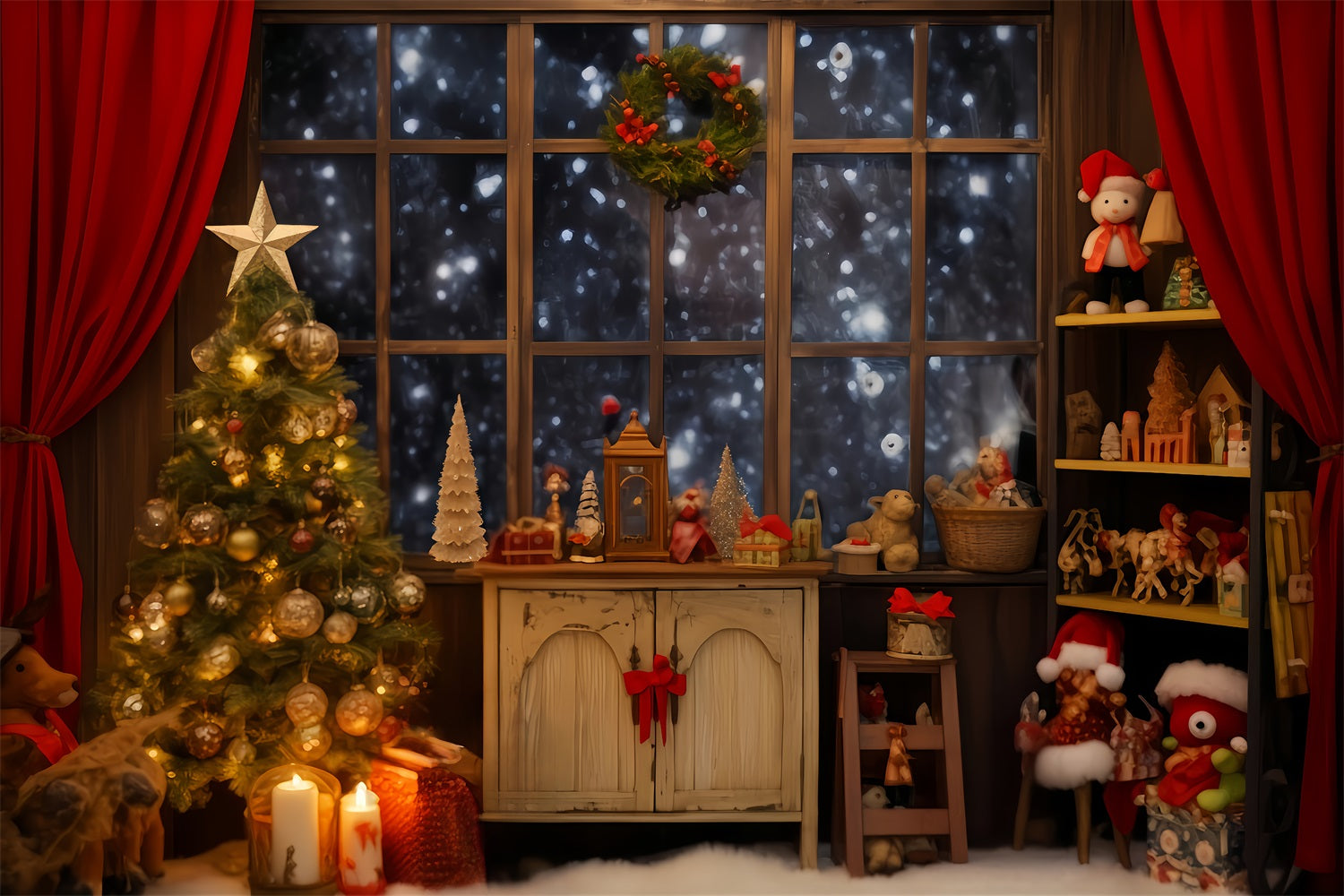 Santa Workshop Backdrop Cozy Window Toy Corner Christmas Backdrop Ideas TWW510-61
