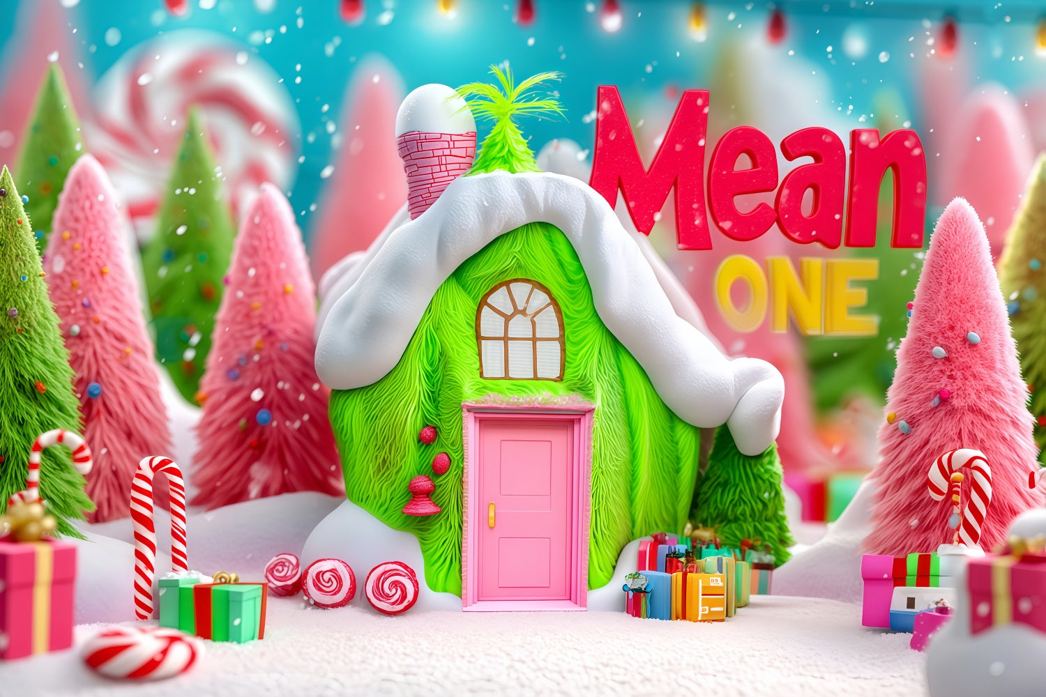 Grinch Photo Backdrop Whoville Green Candy Cottage Christmas Backdrops TWW510-63
