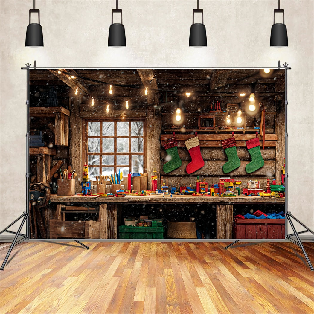 Santa's Workshop Backdrop Wood Cabin Toy Bench Christmas Backdrop TWW510-64