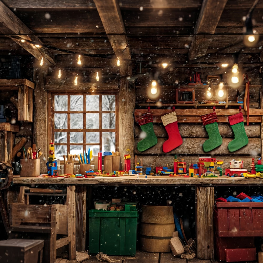 Santa's Workshop Backdrop Wood Cabin Toy Bench Christmas Backdrop TWW510-64