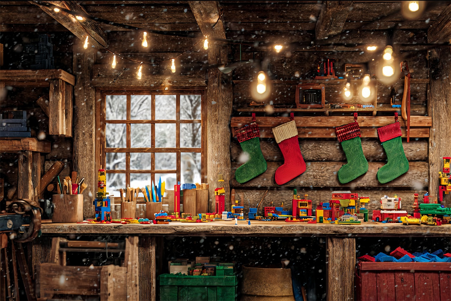 Santa's Workshop Backdrop Wood Cabin Toy Bench Christmas Backdrop TWW510-64