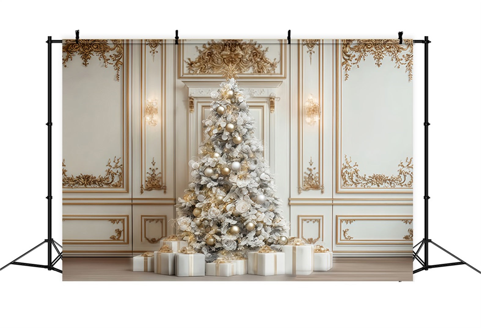 Christmas Wall Backdrop White Gold Elegant Tree Christmas Photo Backdrop TWW510-66