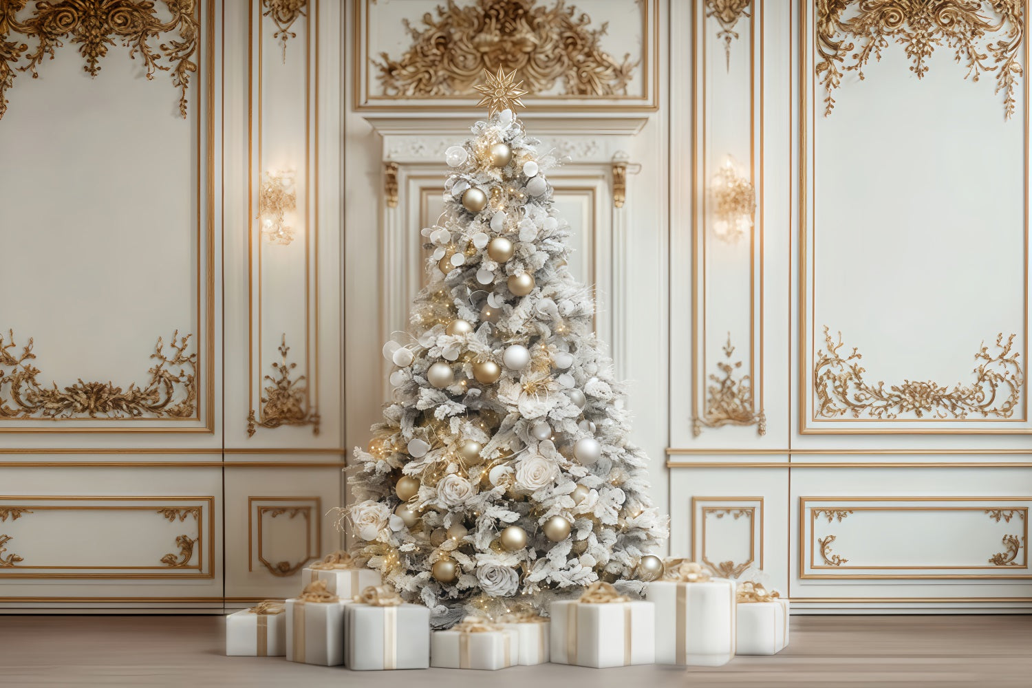 Christmas Wall Backdrop White Gold Elegant Tree Christmas Photo Backdrop TWW510-66