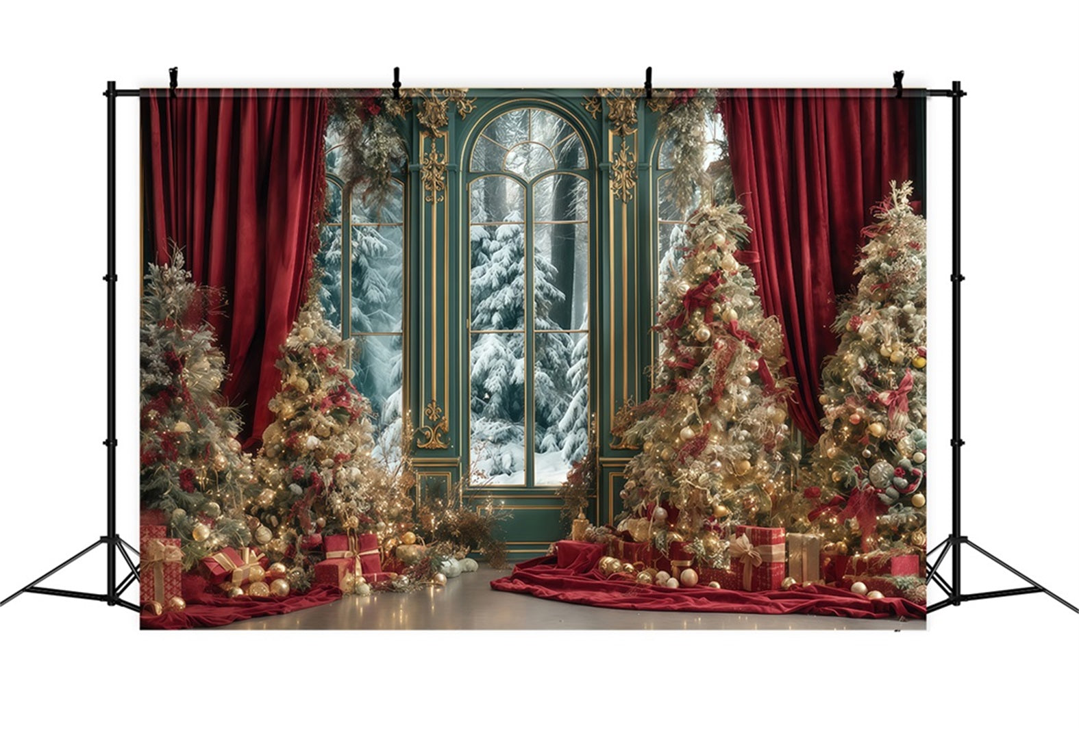 Christmas Tree Backdrop Red Curtain Winter Palace Christmas Photo Backdrops TWW510-67