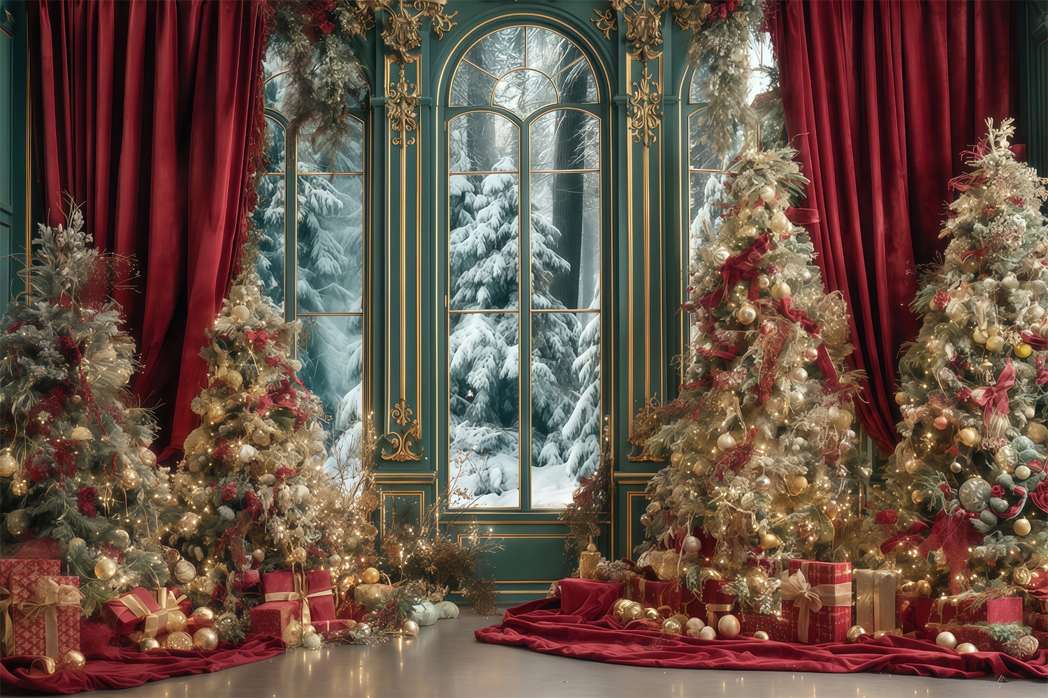 Christmas Tree Backdrop Red Curtain Winter Palace Christmas Photo Backdrops TWW510-67