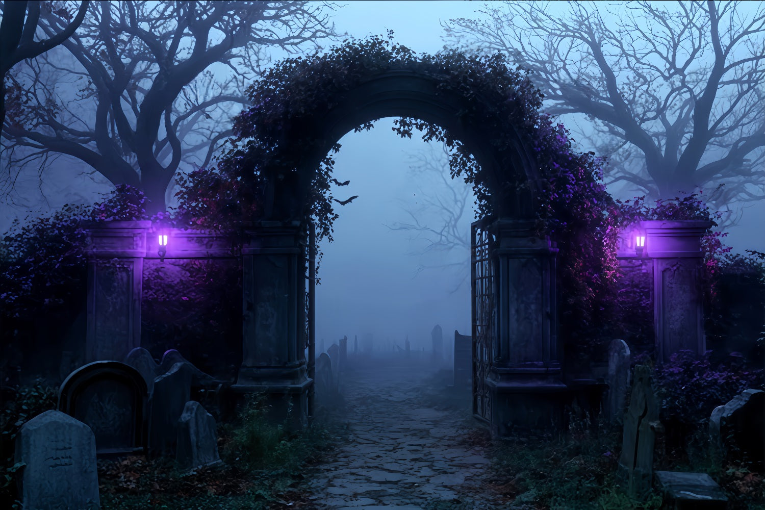 Halloween Backdrop Foggy Cemetery Archway Entrance Halloween Photo Backdrops TWW510-7