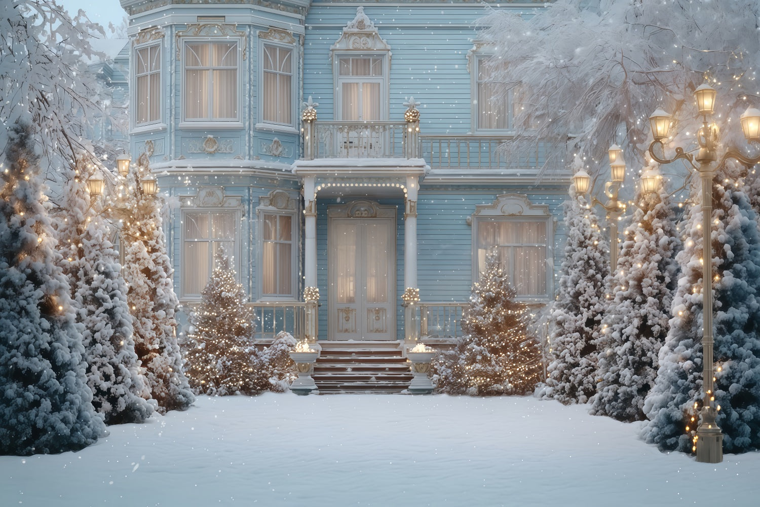 Christmas Tree Backdrop Blue Victorian Winter Mansion Christmas Backdrop TWW510-70