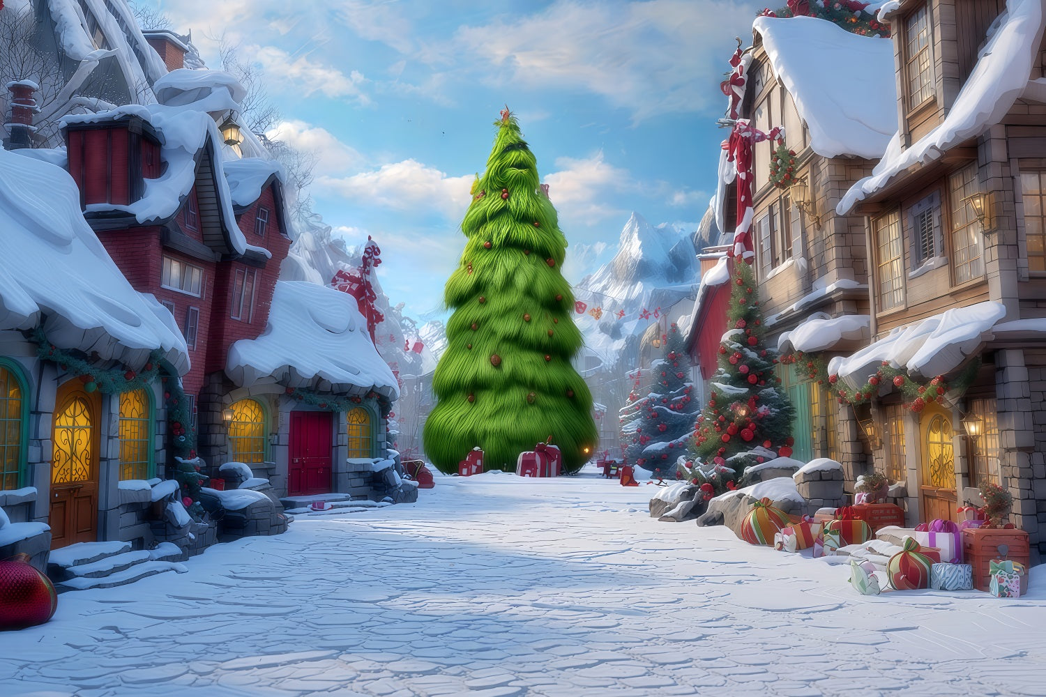 Grinch Backdrops Whoville Snowy Village Street Christmas Backdrops TWW510-73