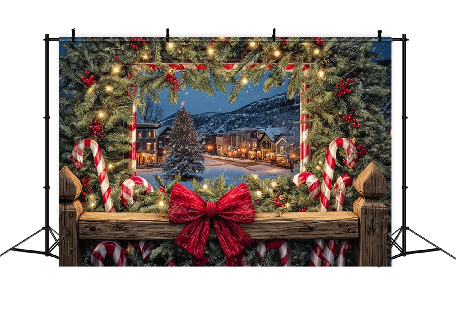 Christmas Bow Backdrop Cozy Town Holiday Window Christmas Photo Backdrops TWW510-75