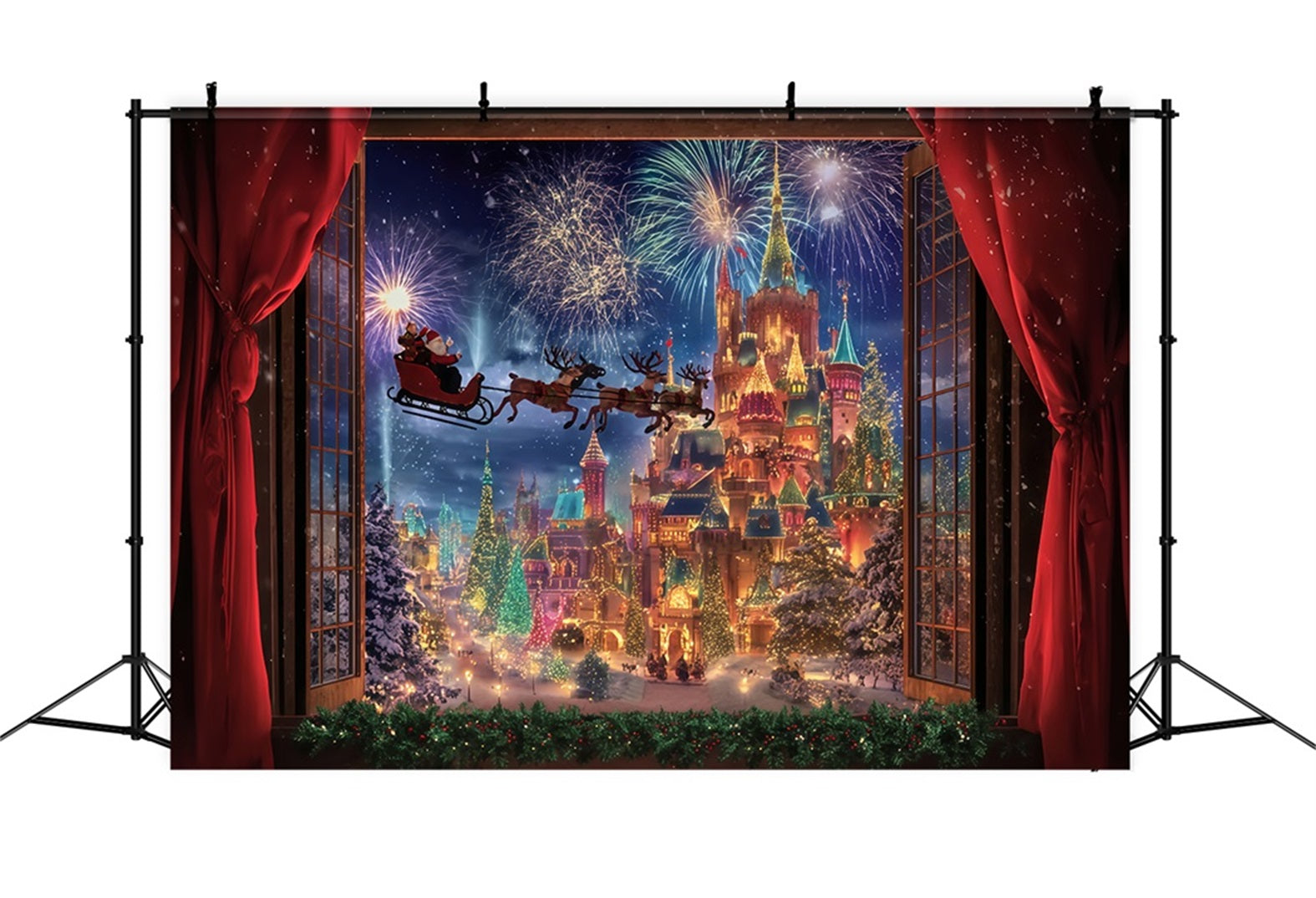 Santa Photo Backdrop Santa Sleigh Fireworks Castle Christmas Backdrop TWW510-78