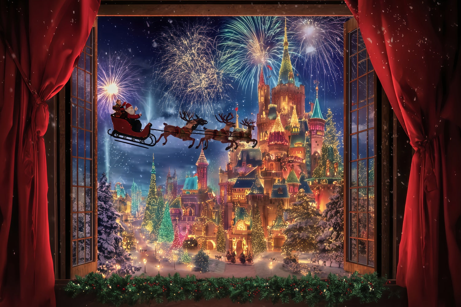Santa Photo Backdrop Santa Sleigh Fireworks Castle Christmas Backdrop TWW510-78