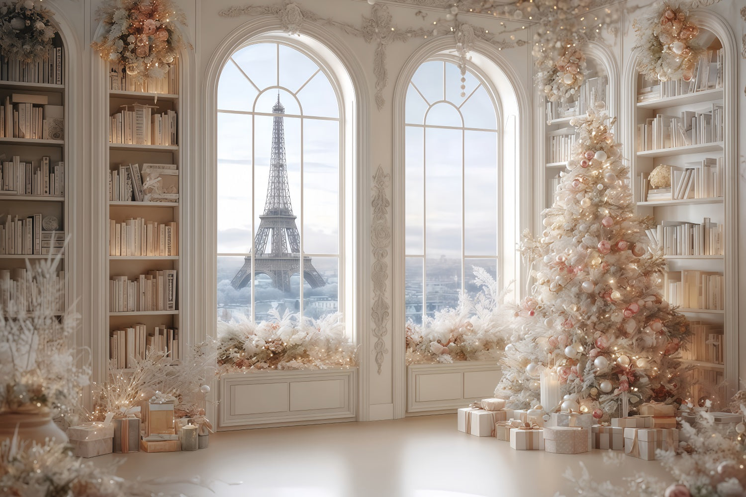 Christmas Tree Backdrop Paris Winter Elegant Library Christmas Backdrops TWW510-79