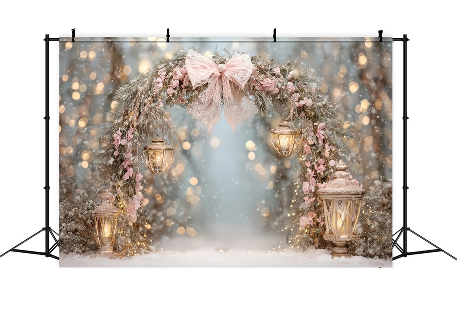 Pink Bow Backdrop Pink Lantern Snow Arch Christmas Backdrop TWW510-80