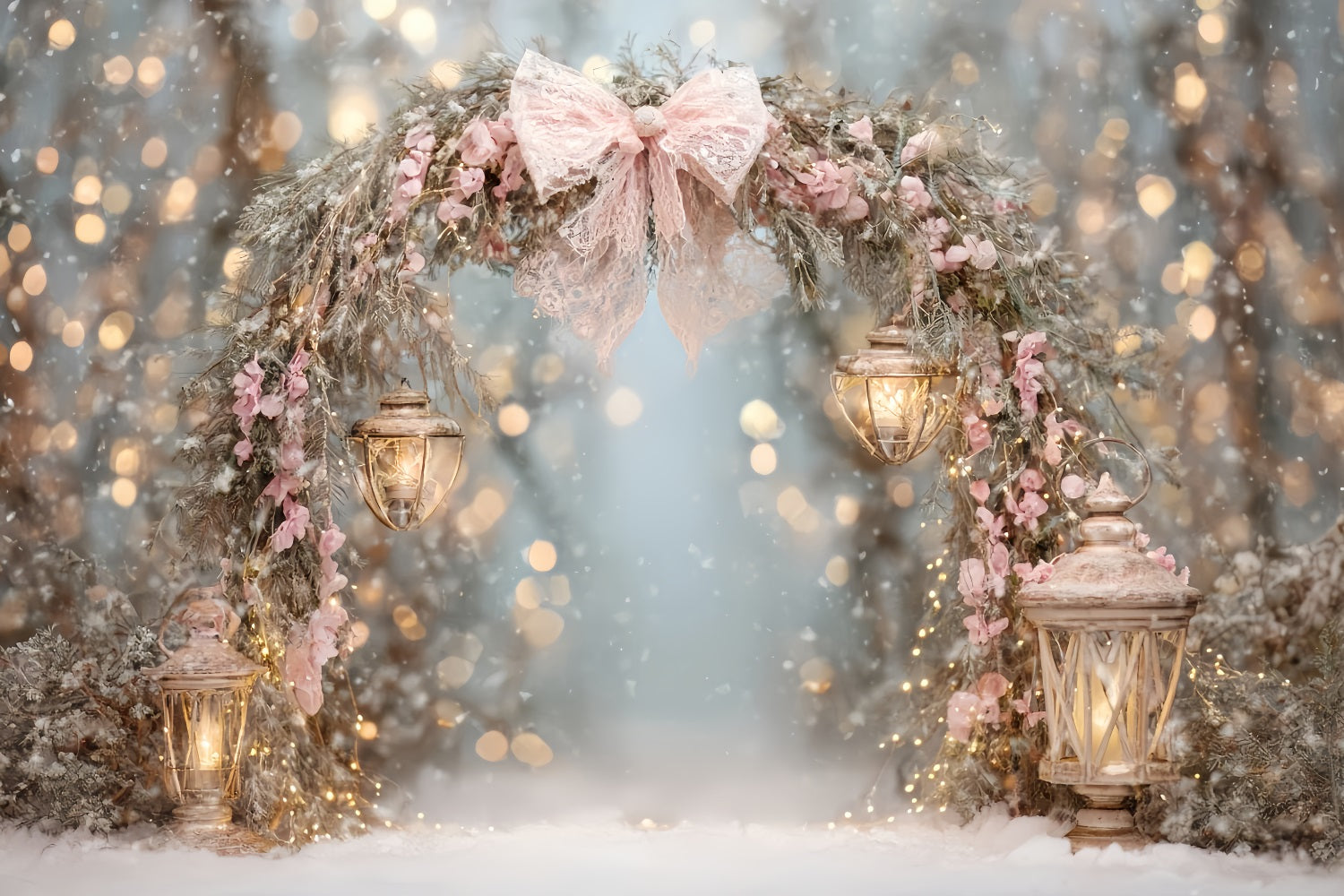 Pink Bow Backdrop Pink Lantern Snow Arch Christmas Backdrop TWW510-80
