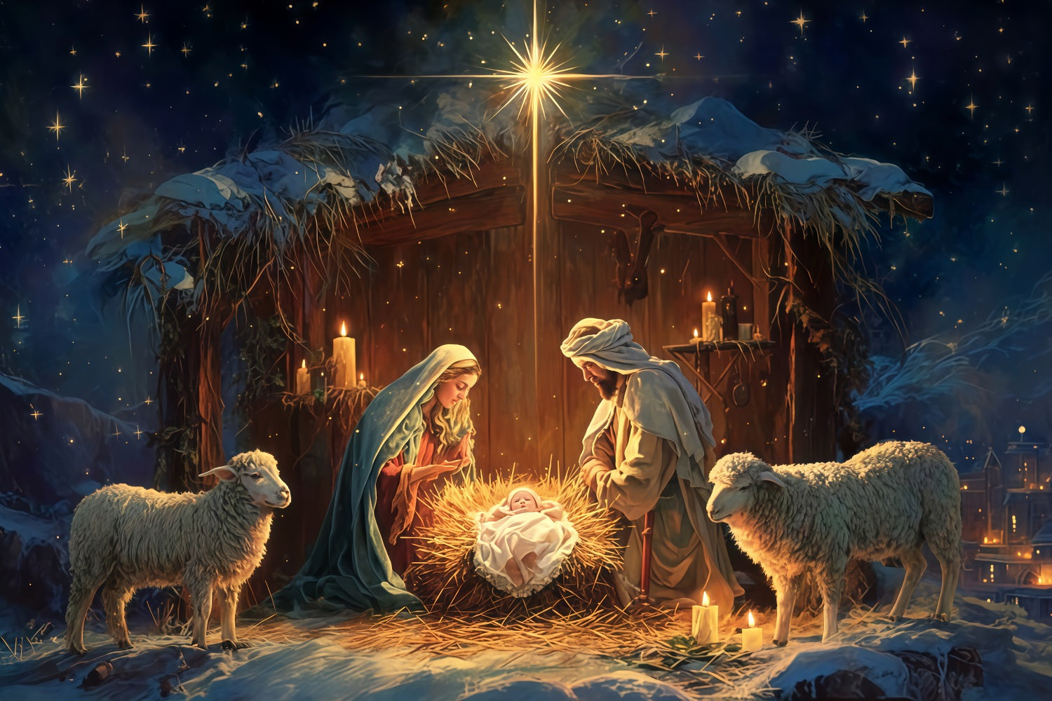 Nativity Backdrop Holy Family Manger Night Christmas Backdrops TWW510-81