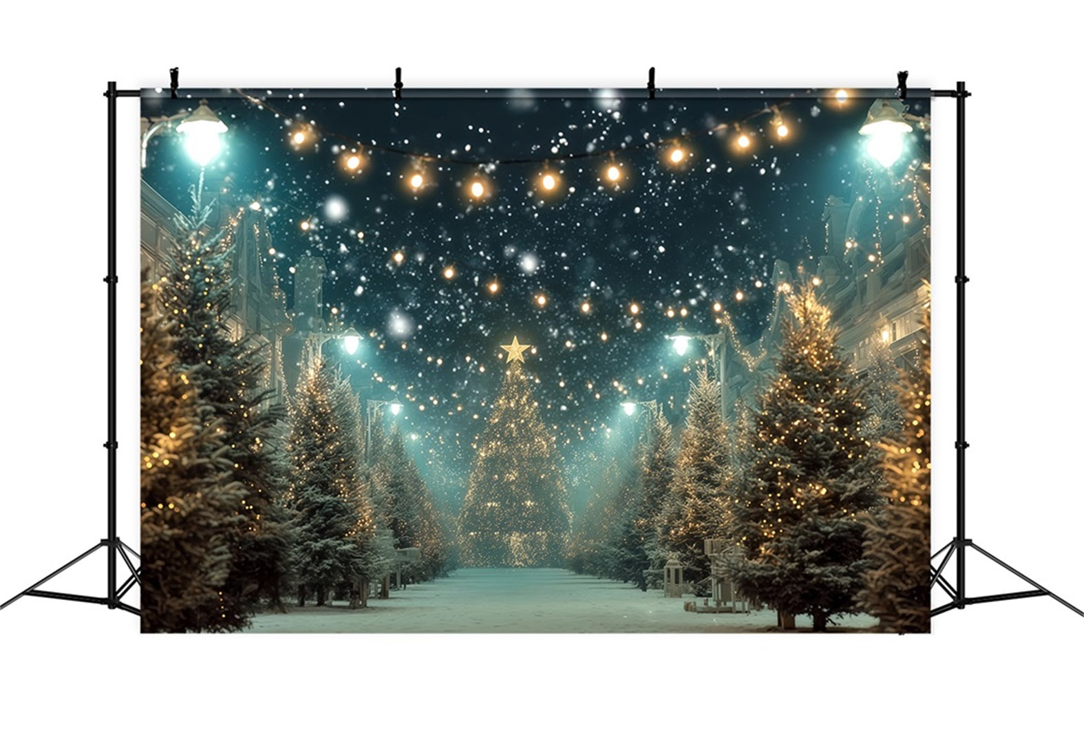 Christmas Tree Backdrop Snowy Street Golden Lights Christmas Photo Backdrop TWW510-82
