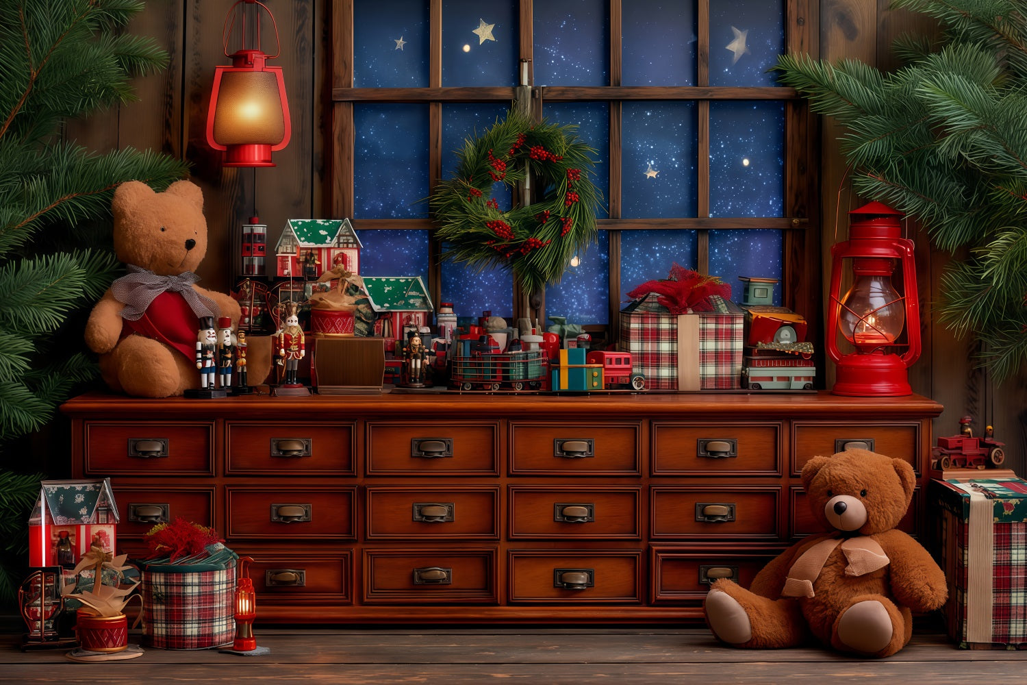 Santas Workshop Backdrop Cozy Toy Workshop Window Christmas Backdrops TWW510-87