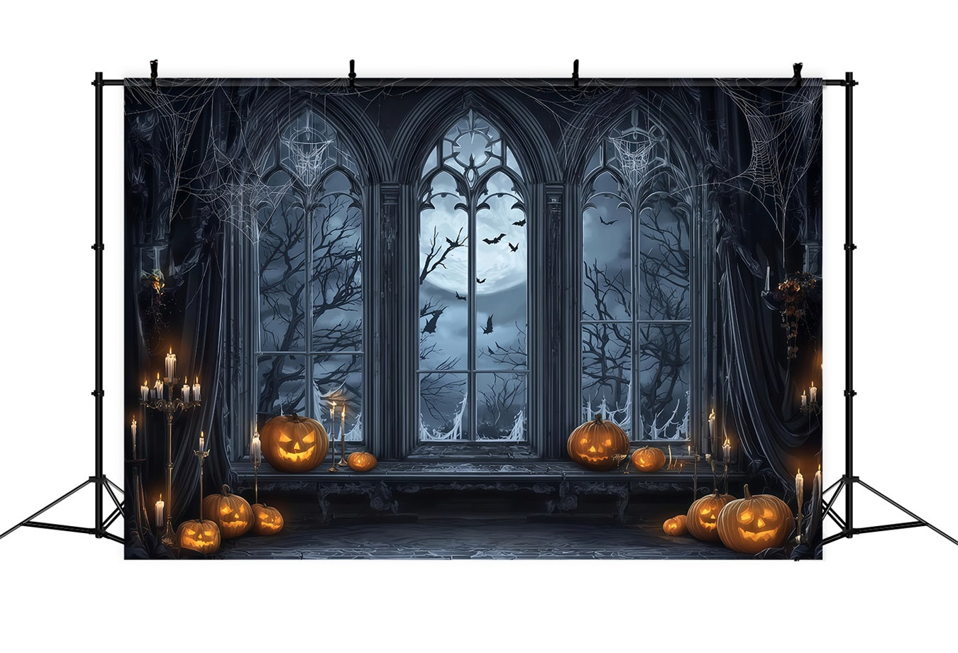 Halloween Bat Backdrop Gothic Window Moonlight Pumpkins Halloween Photography Backdrop TWW510-9