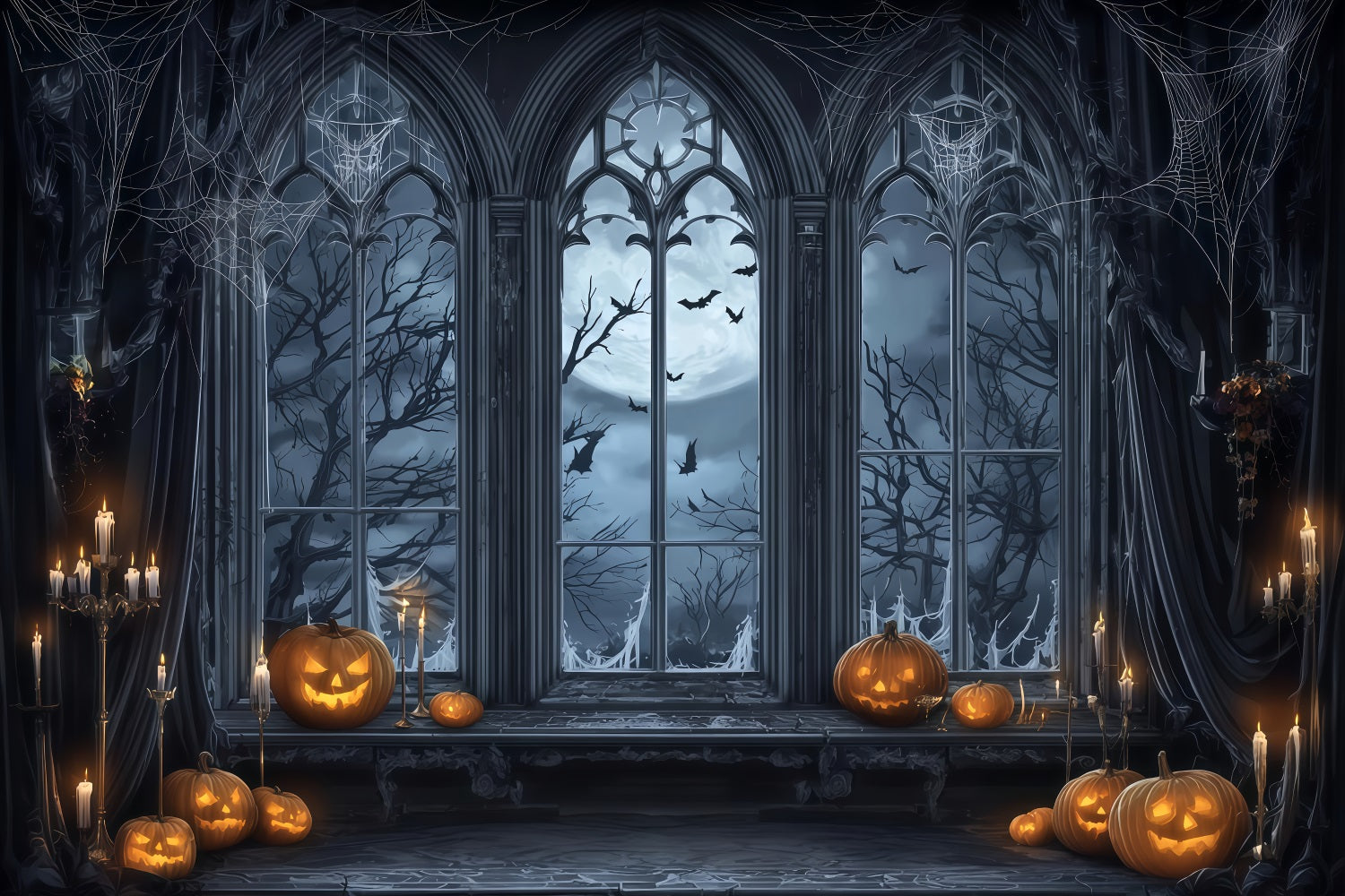 Halloween Bat Backdrop Gothic Window Moonlight Pumpkins Halloween Photography Backdrop TWW510-9