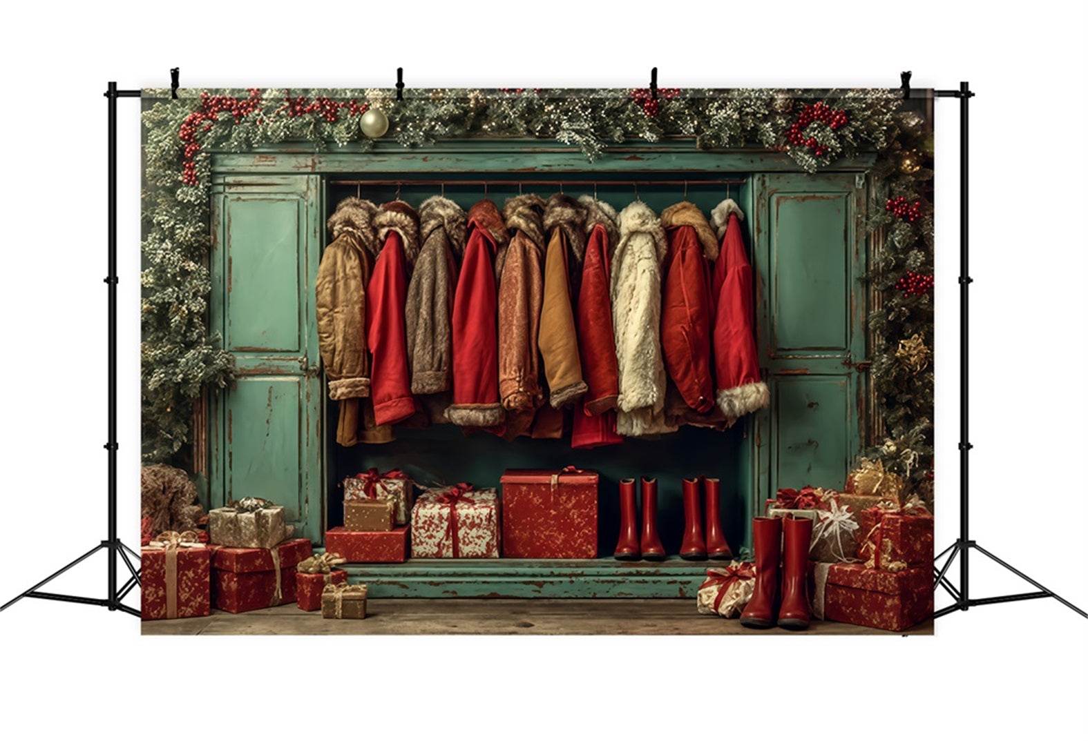 Santa Workshop Backdrop Cozy Coats Holiday Wardrobe Christmas Photo Backdrop TWW510-90