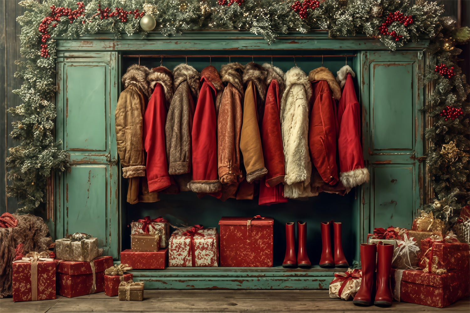 Santa Workshop Backdrop Cozy Coats Holiday Wardrobe Christmas Photo Backdrop TWW510-90