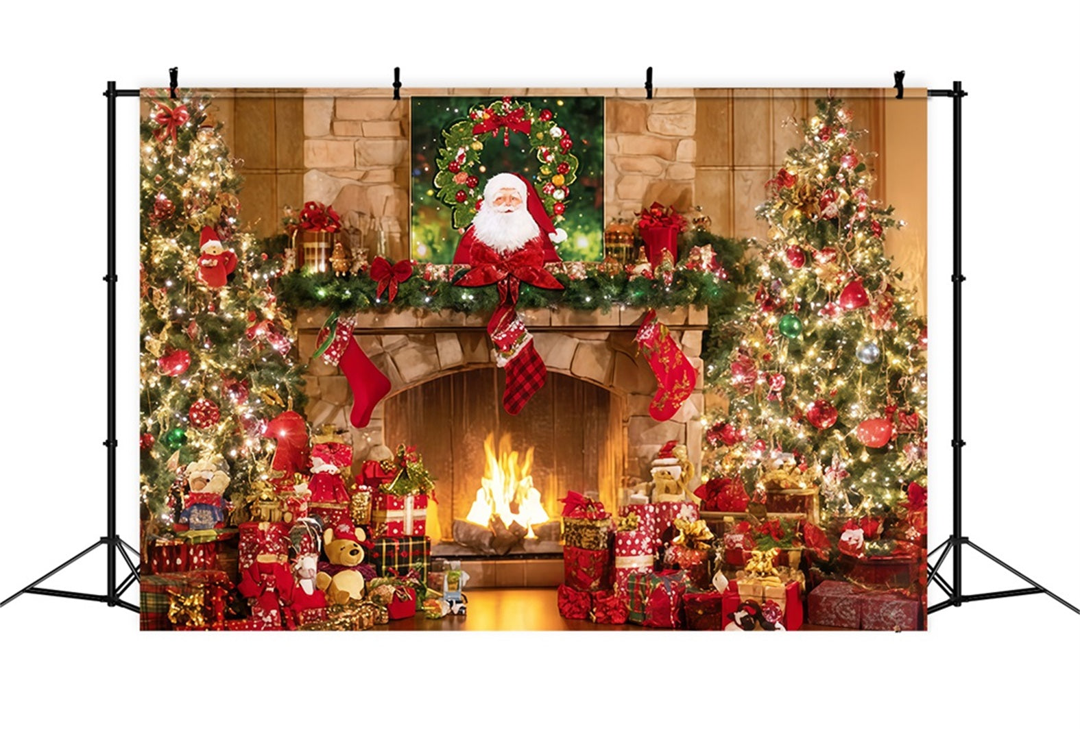 Santa Backdrop Fireplace Stockings Gift Tree Christmas Backdrop Ideas TWW510-93