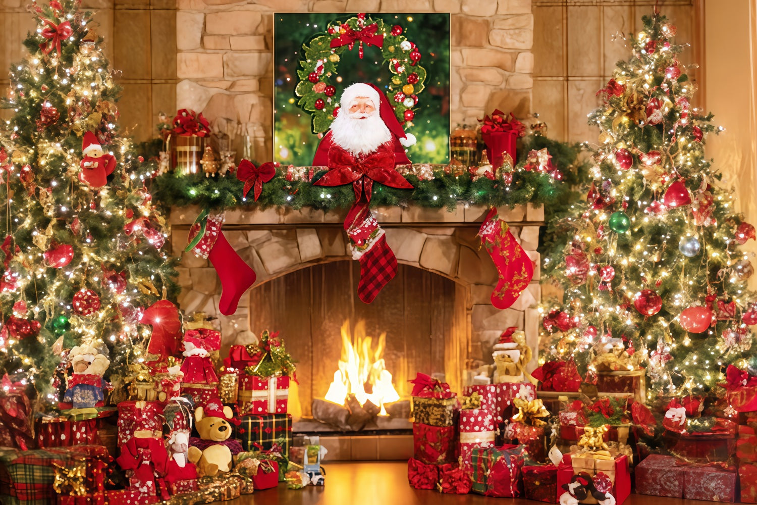 Santa Backdrop Fireplace Stockings Gift Tree Christmas Backdrop Ideas TWW510-93