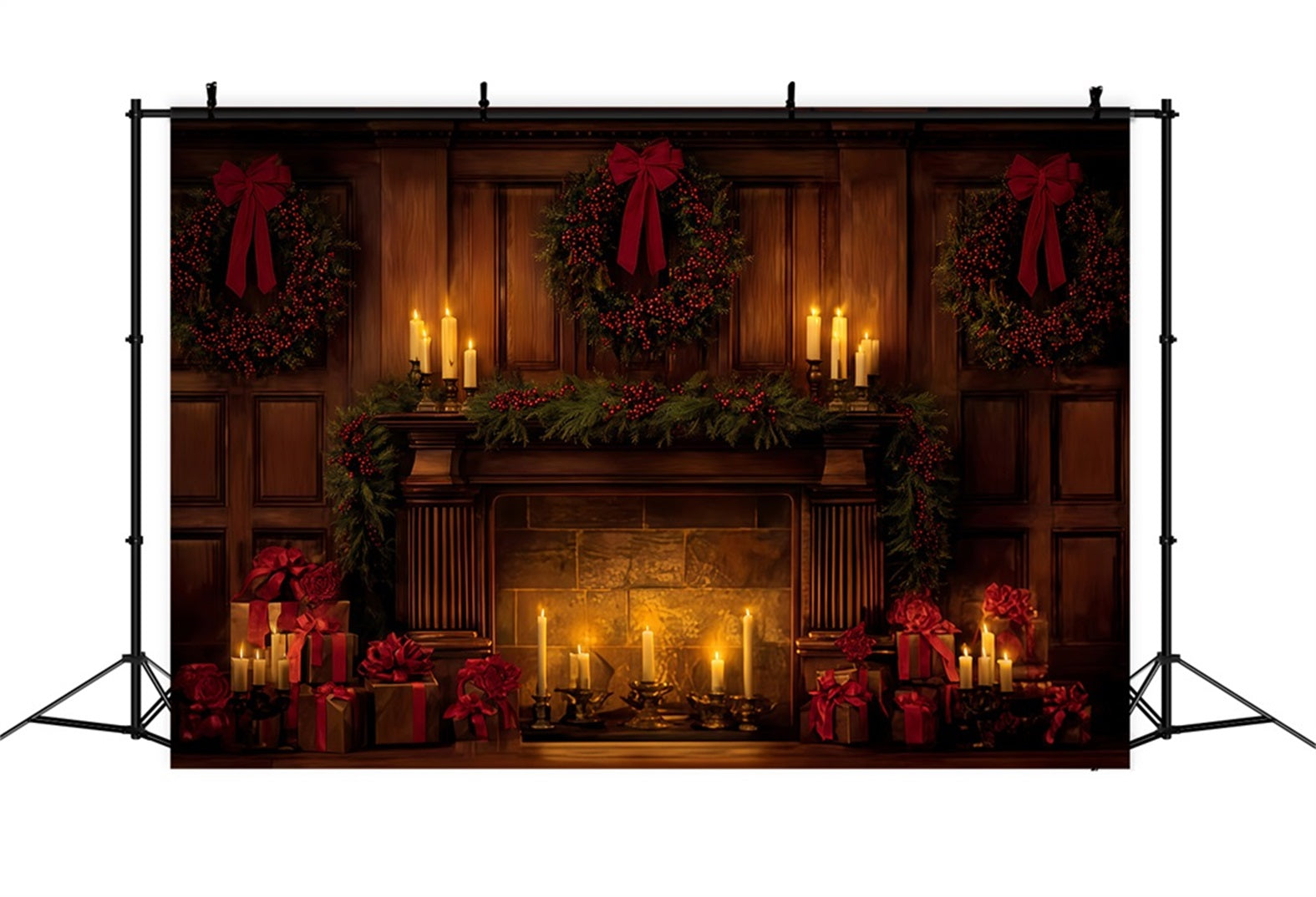Christmas Bow Backdrop Elegant Candlelit Holiday Hearth Christmas Backdrop TWW510-96