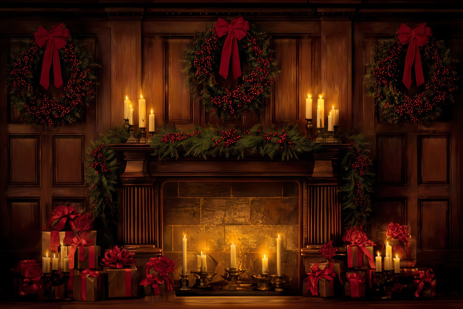 Christmas Bow Backdrop Elegant Candlelit Holiday Hearth Christmas Backdrop TWW510-96
