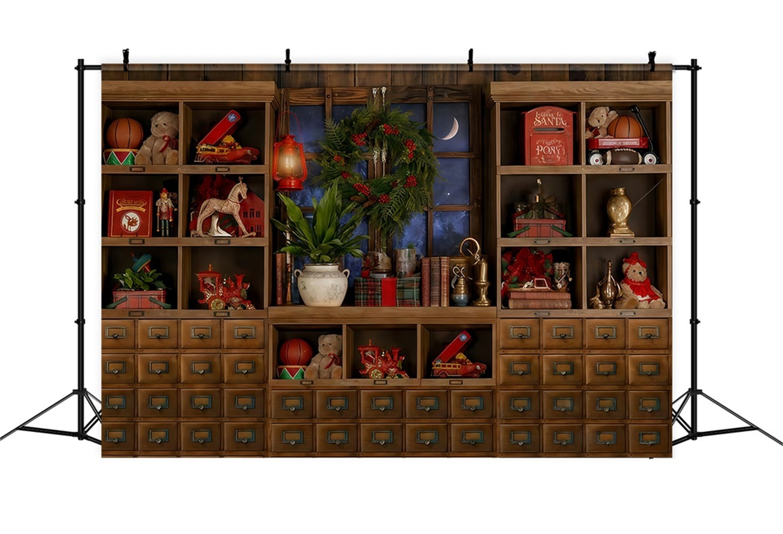 Santa's Toy Shop Backdro Toy Shelf Moonlit Window Christmas Photo Backdrop TWW510-98
