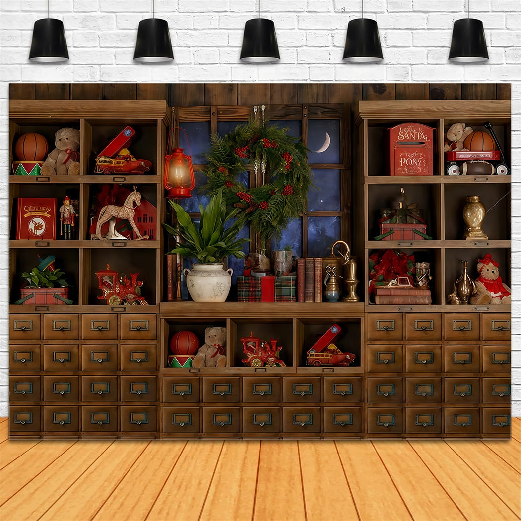 Santa's Toy Shop Backdro Toy Shelf Moonlit Window Christmas Photo Backdrop TWW510-98