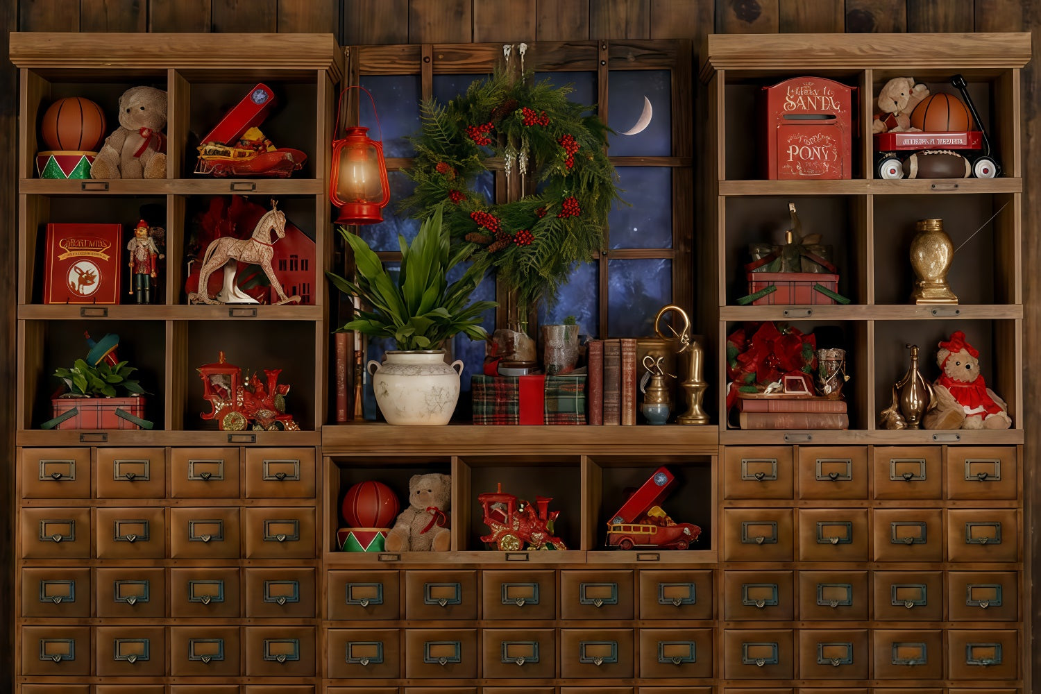 Santa's Toy Shop Backdro Toy Shelf Moonlit Window Christmas Photo Backdrop TWW510-98