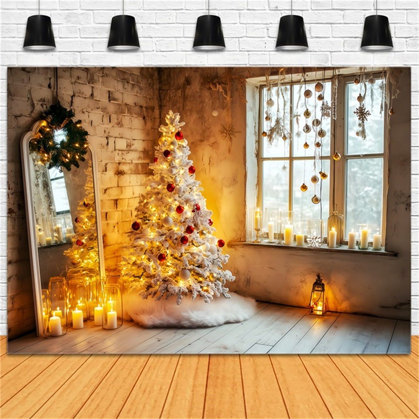 New Years Backdrop Cozy Candles Christmas Tree Happy New Year Backdrop TWW512-1