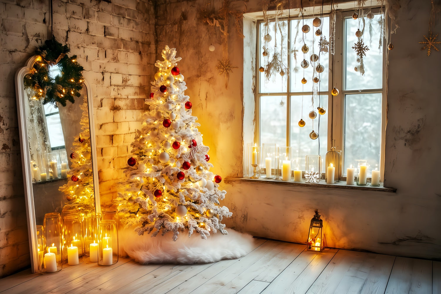 New Years Backdrop Cozy Candles Christmas Tree Happy New Year Backdrop TWW512-1