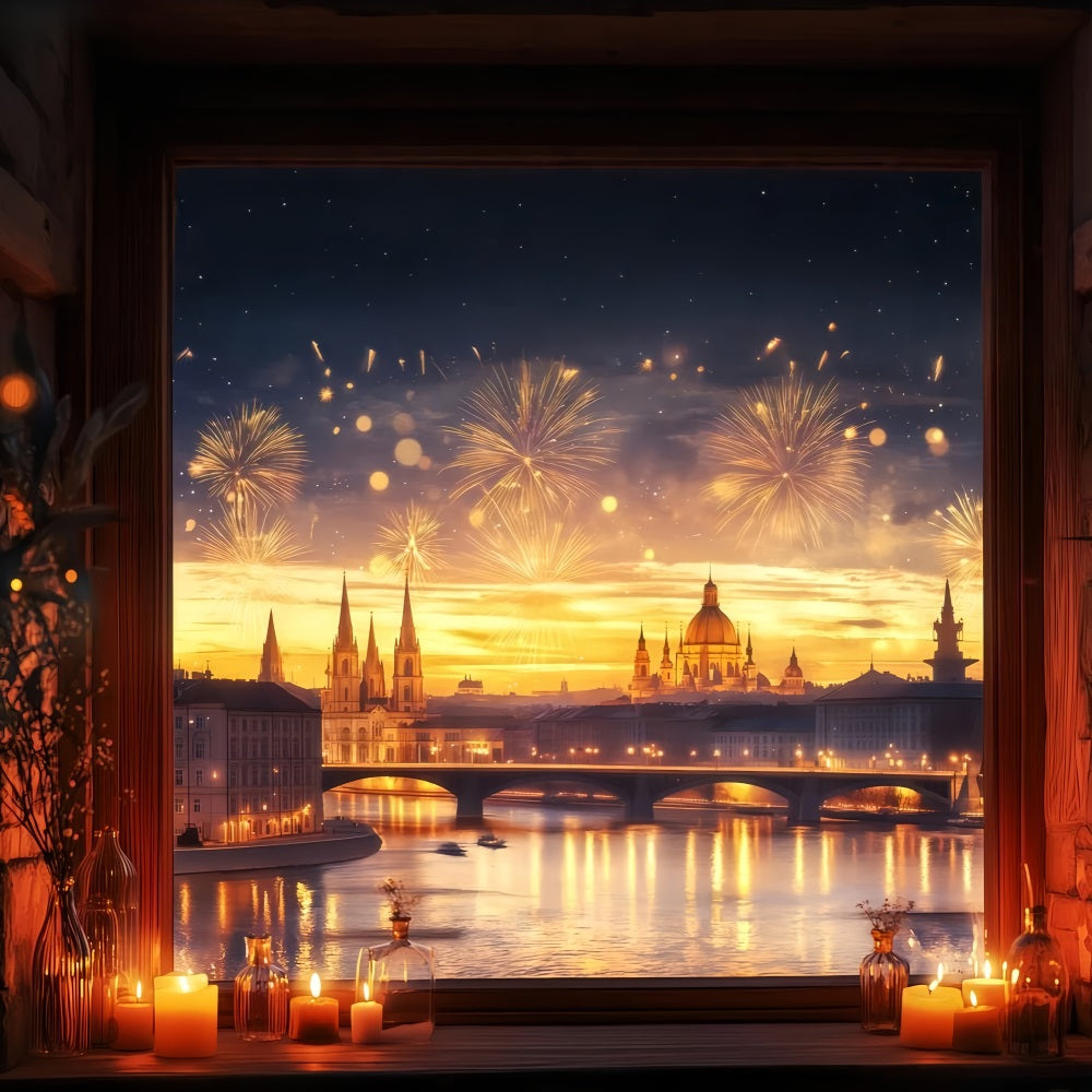 New Year's Backdrop Golden Sunset Cityscape Fireworks Photo Backdrop TWW512-10