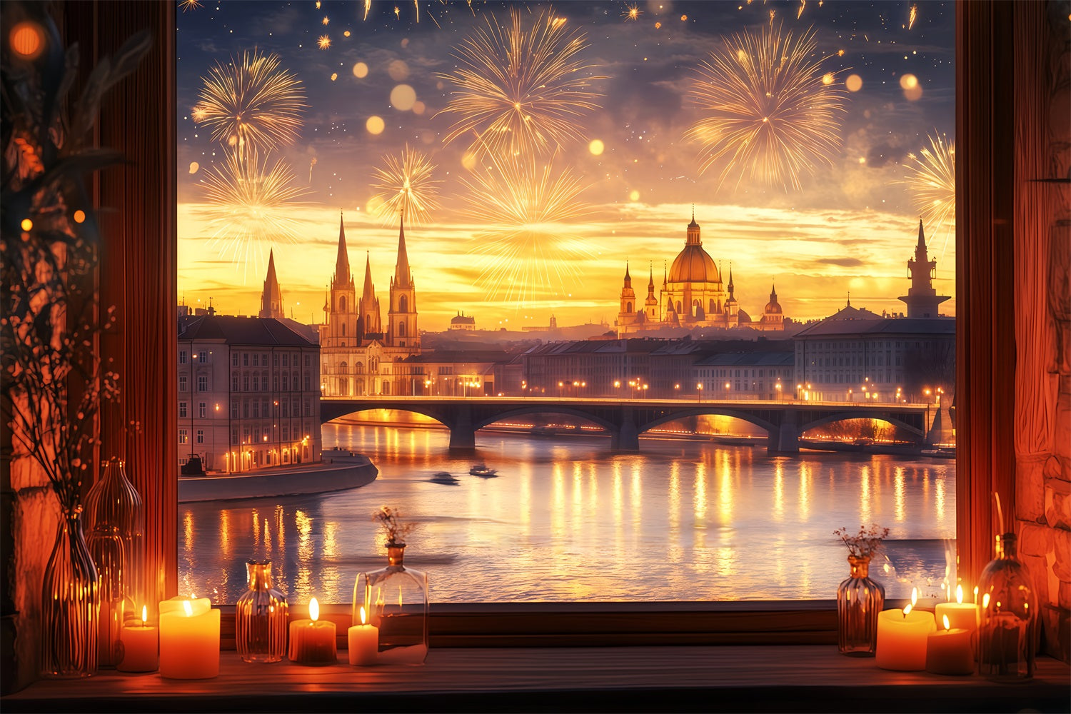 New Year's Backdrop Golden Sunset Cityscape Fireworks Photo Backdrop TWW512-10