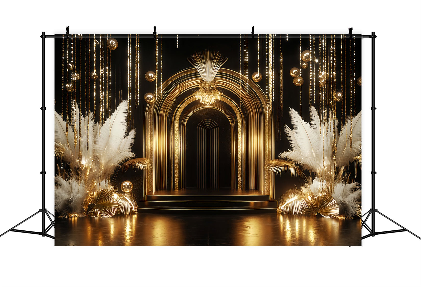 New Year Backdrop Golden Luxe Arch Feather Happy New Year Banner TWW512-12