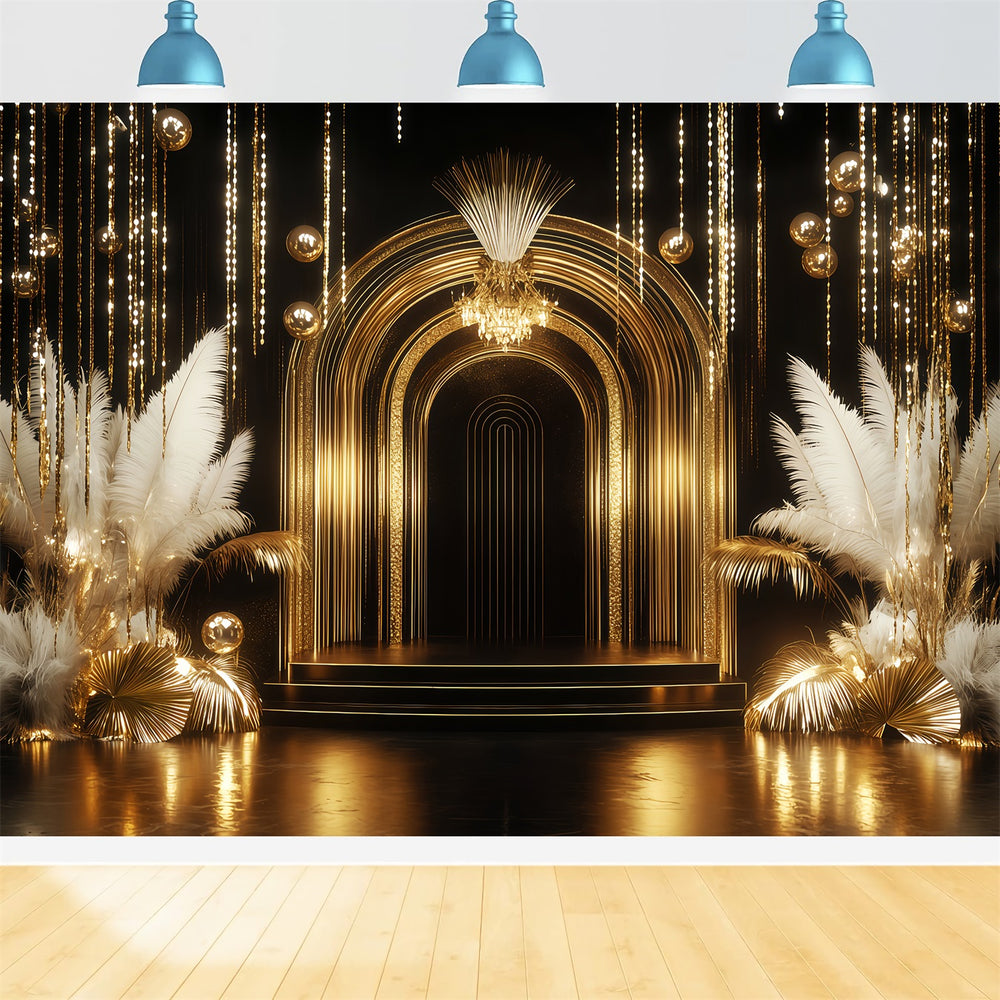 New Year Backdrop Golden Luxe Arch Feather Happy New Year Banner TWW51