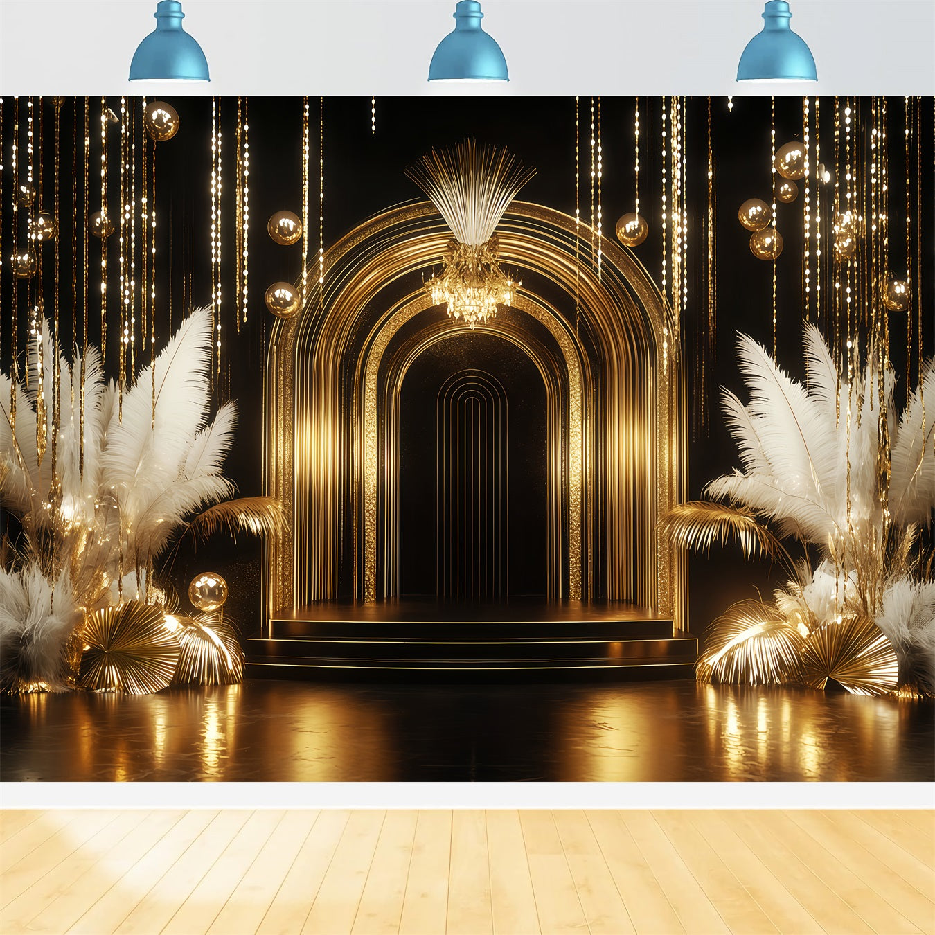 New Year Backdrop Golden Luxe Arch Feather Happy New Year Banner TWW512-12