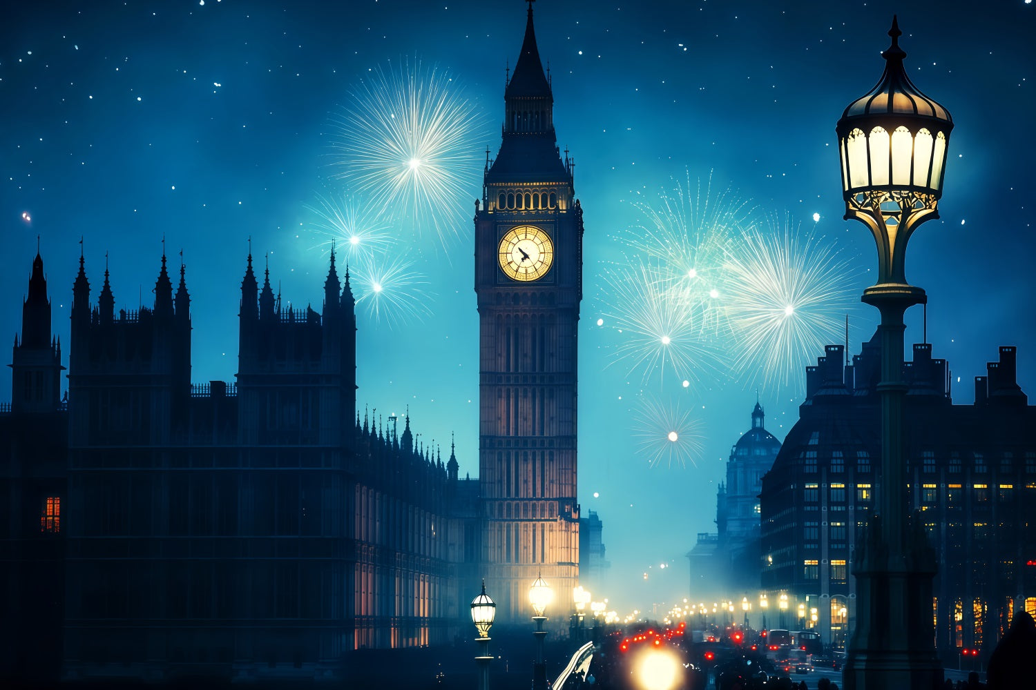 New Years Backdrops London Clocktower Fireworks City Night Backdrop TWW512-15