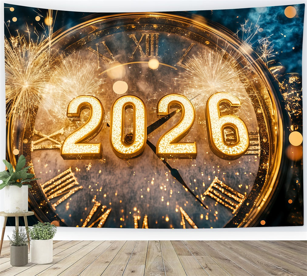 2026 New Year Backdrop Golden Fireworks Bokeh Countdown Clock Photo Backdrop TWW512-2