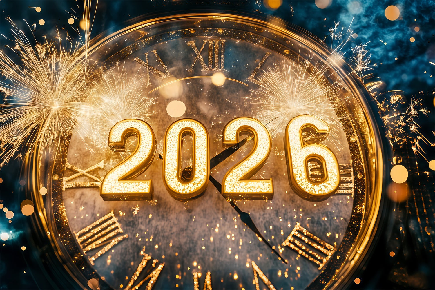 2026 New Year Backdrop Golden Fireworks Bokeh Countdown Clock Photo Backdrop TWW512-2