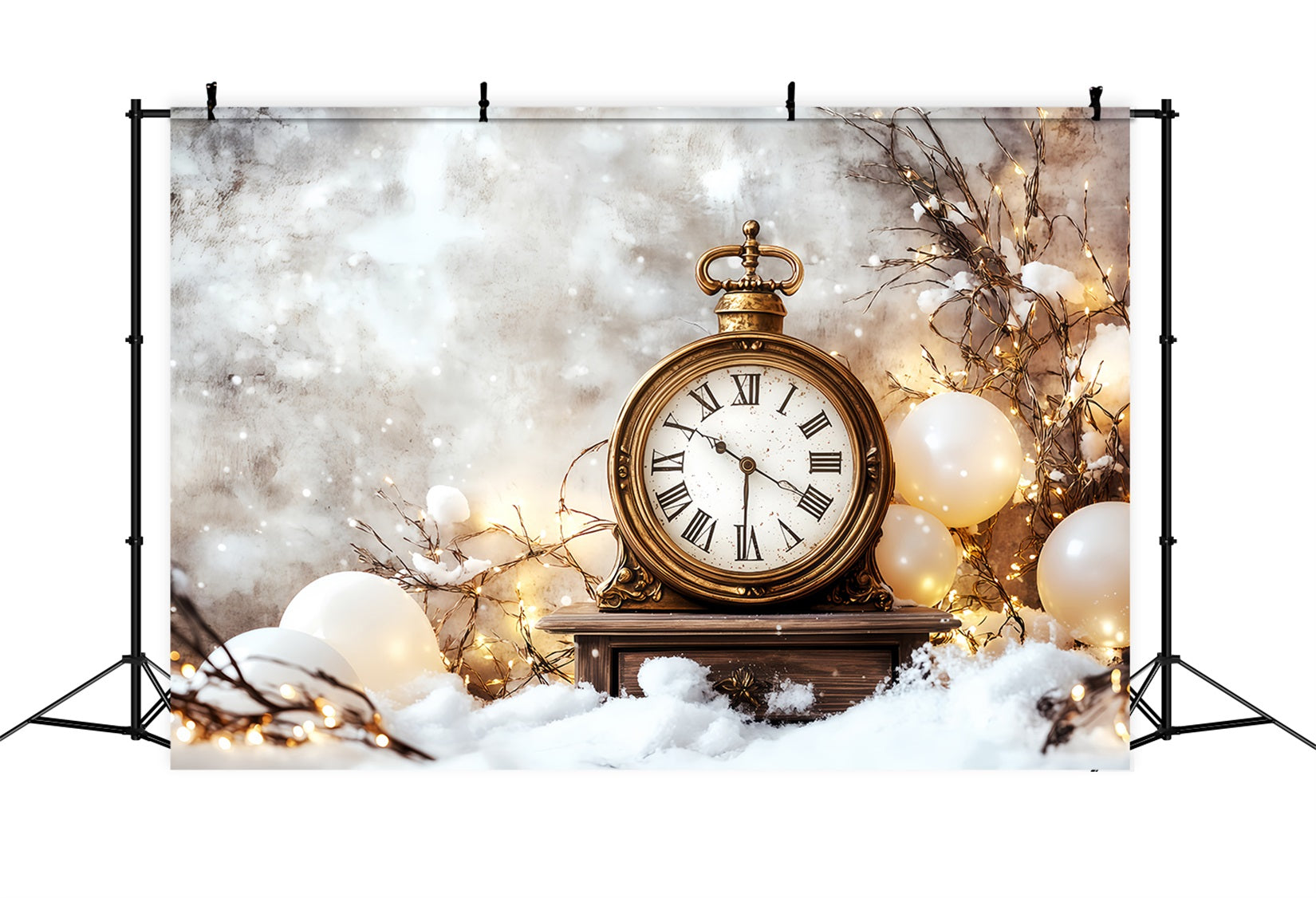 New Years Backdrop Snowy Countdown Gold Glitter Clock Photo Backdrop TWW512-21