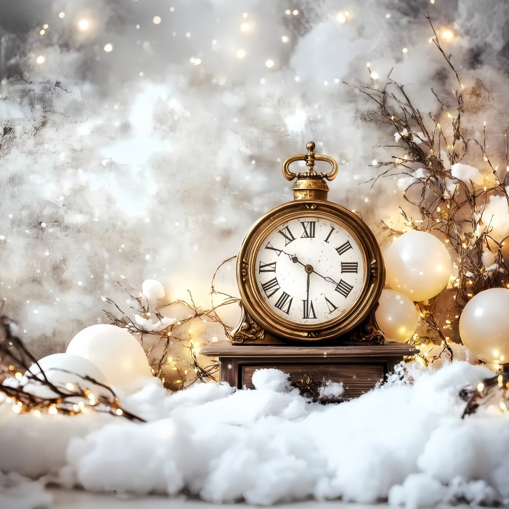 New Years Backdrop Snowy Countdown Gold Glitter Clock Photo Backdrop TWW512-21
