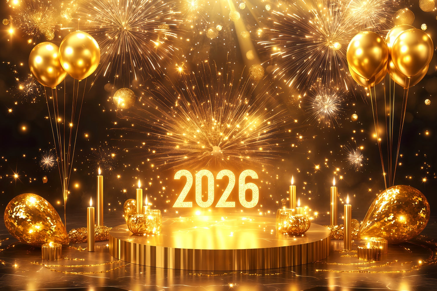 2026 New Year Backdrop Stage Balloon Sparkling Fireworks Gold Glitter
