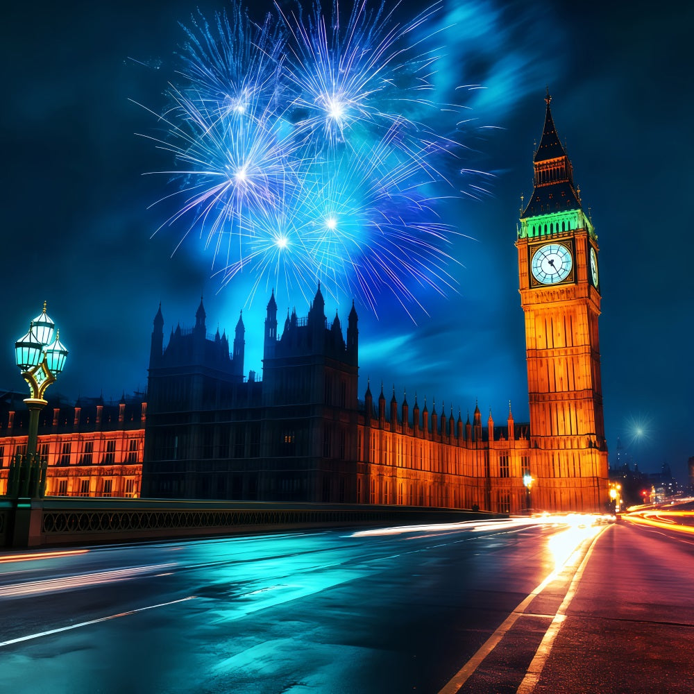 New Year Backdrop London Skyline Midnight Fireworks Cityscape Photo Backdrop TWW512-24