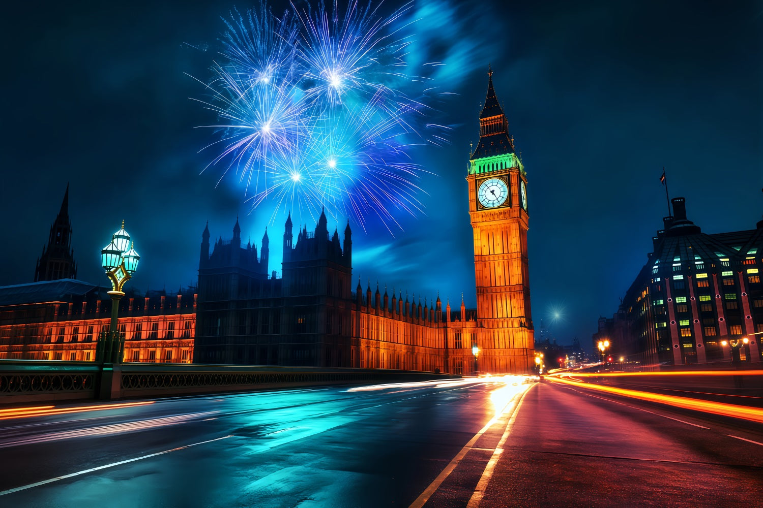 New Year Backdrop London Skyline Midnight Fireworks Cityscape Photo Backdrop TWW512-24