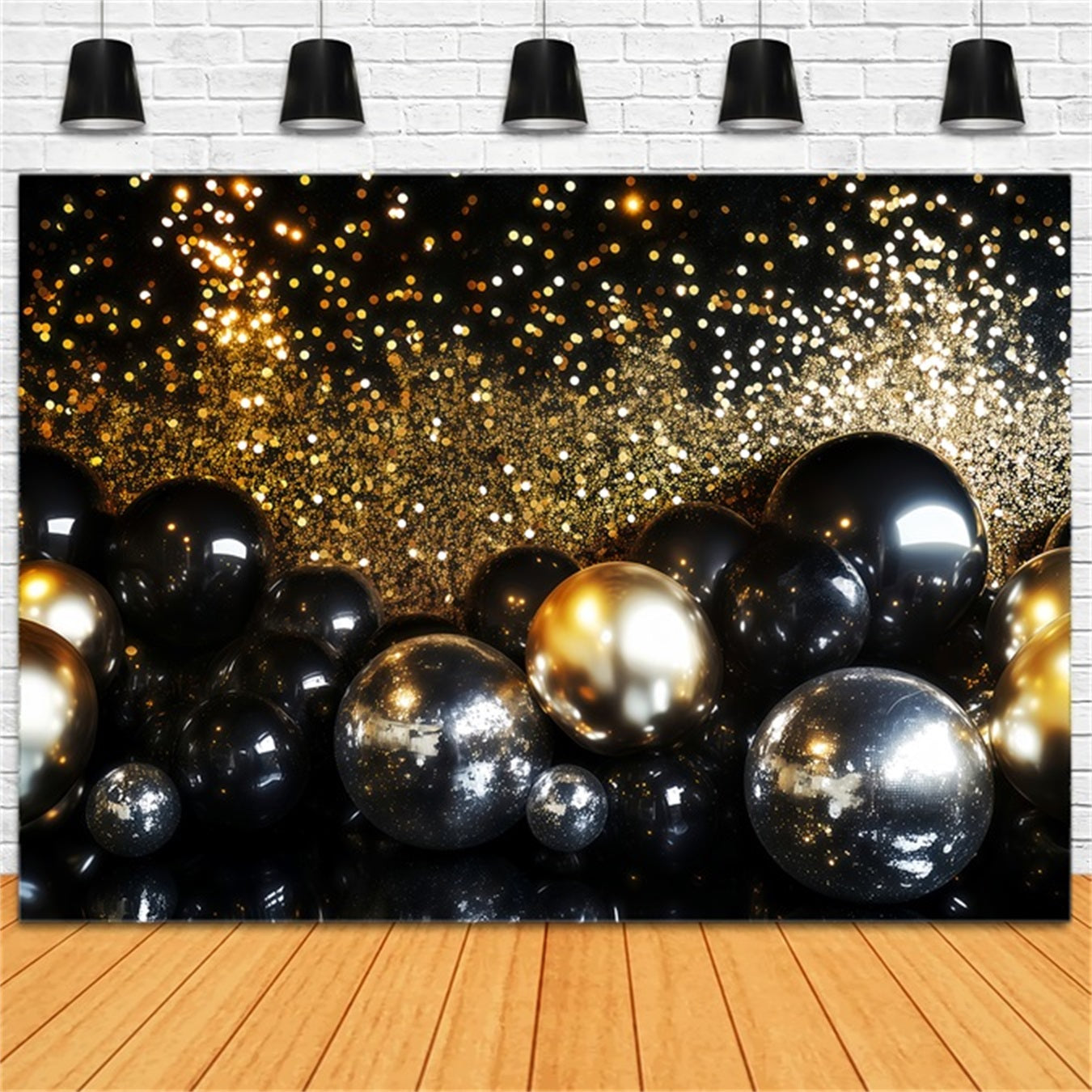 New Year's Backdrop Gold Glitter Shimmer Bokeh New Years Eve Balloon Backdrop TWW512-25
